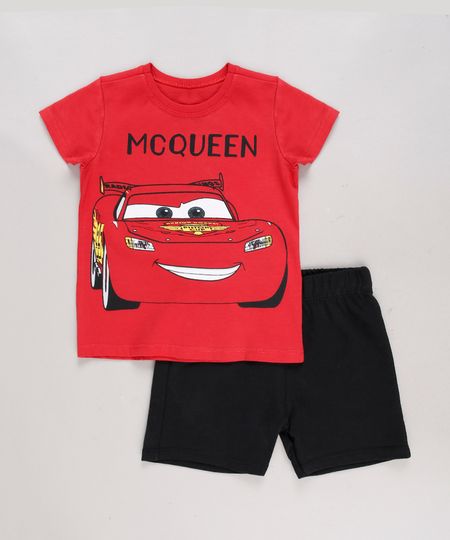 Conjunto Infantil Carros de Camiseta Manga Curta Vermelha + Bermuda em Moletom Preta - 1 Menor preço em Conjunto Infantil Carros de Camiseta Manga Curta Vermelha + Bermuda em Moletom Preta - 1
