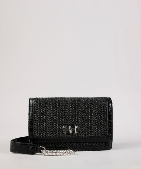 Bolsa-Feminina-Transversal-Pequena-Croco-com-Palha-e-Alca-Corrente-Preto-9604651-Preto_1