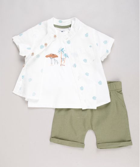 Conjunto-Infantil-de-Camiseta-Manga-Curta---Camisa-Estampada-de-Folhagem-Manga-Curta-Off-White---Bermuda-com-Linho-Verde-9574525-Verde_1