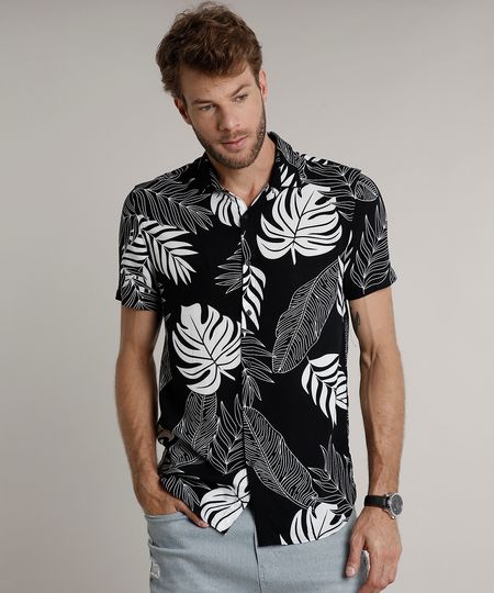Camisa-Masculina-Tradicional-Estampada-de-Folhagem-Manga-Curta-Preta-9639679-Preto_1