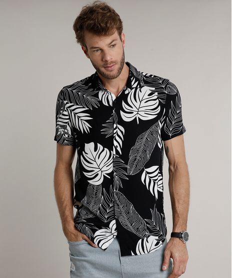 Camisa-Masculina-Tradicional-Estampada-de-Folhagem-Manga-Curta-Preta-9639679-Preto_1