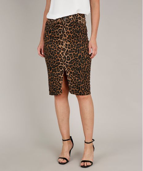 Saia-de-Sarja-Feminina-Estampada-Animal-Print-com-Fenda-Marrom-9539282-Marrom_1