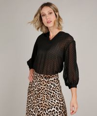 Blusa-Feminina-Ampla-Texturizado-Manga-7-8-Decote-V-Preta-9647697-Preto_1