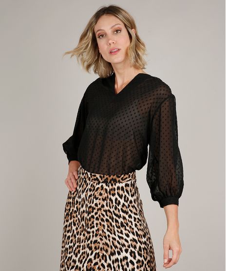 Blusa-Feminina-Ampla-Texturizado-Manga-7-8-Decote-V-Preta-9647697-Preto_1
