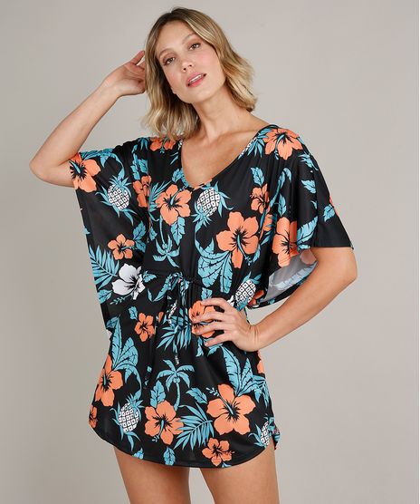 Saida-de-Praia-Kaftan-Estampada-Tropical-Manga-Curta-Decote-V-Preto-9661147-Preto_1