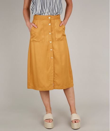Saia-Feminina-Midi-Evase-com-Fenda-e-Bolsos-Mostarda-9676274-Mostarda_1