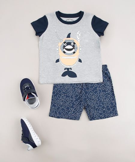 Pijama-Infantil-com-Estampa-Interativa-de-Tubarao-Manga-Curta-Cinza-Mescla-9666178-Cinza_Mescla_1