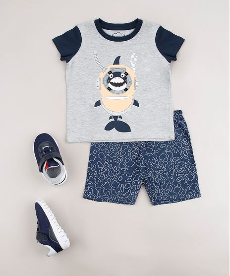 Pijama-Infantil-com-Estampa-Interativa-de-Tubarao-Manga-Curta-Cinza-Mescla-9666178-Cinza_Mescla_1