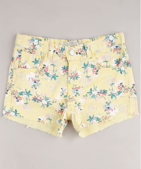Short-de-Sarja-Infantil-Estampado-Floral-com-Barra-Desfiada-Amarela-9672531-Amarelo_1