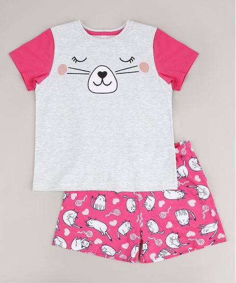 Pijama-Infantil-Gatinho-Estampado-Manga-Curta--Cinza-Mescla-Claro-9641228-Cinza_Mescla_Claro_1