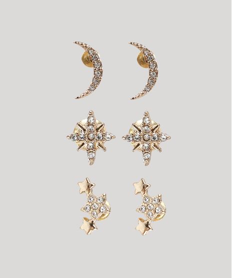 Kit-de-3-Brincos-Femininos-de-Lua-e-Estrelas-com-Strass-Dourado-9650255-Dourado_1