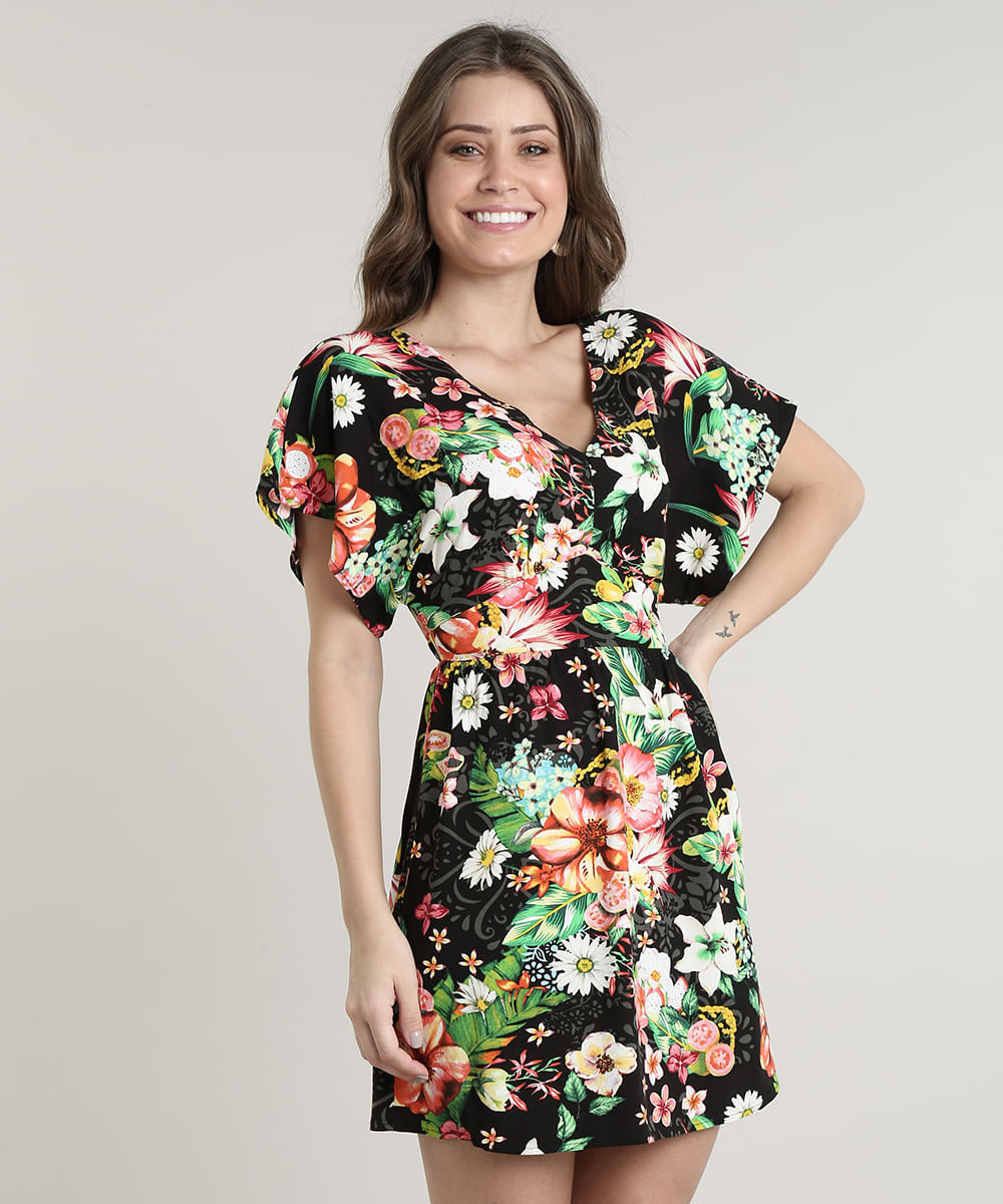 short floral print women's dress with band to tie short sleeve black
