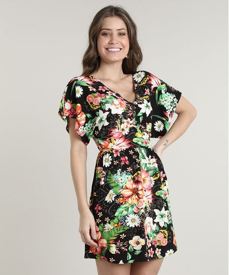 Vestido-Feminino-Curto-Estampado-Floral-com-Faixa-para-Amarrar-Manga-Curta-Preto-9640592-Preto_1