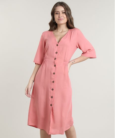 Vestido-Feminino-Midi-com-Botoes-e-Linho-Manga-Curta-Coral-9661989-Coral_1