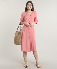 Vestido-Feminino-Midi-com-Botoes-e-Linho-Manga-Curta-Coral-9661989-Coral_3