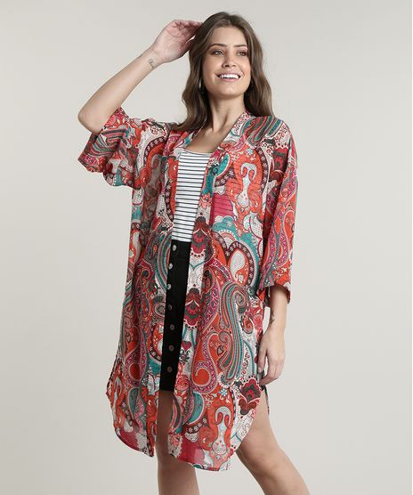 Kimono-Feminino-Longo-Estampado-Paisley-com-Fendas-Laranja-9644278-Laranja_1
