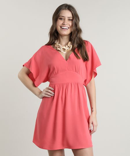 Vestido-Feminino-Curto-com-Faixa-para-Amarrar-Manga-Curta-Coral-9640593-Coral_1