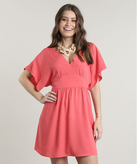 Vestido-Feminino-Curto-com-Faixa-para-Amarrar-Manga-Curta-Coral-9640593-Coral_1