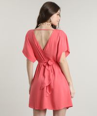 Vestido-Feminino-Curto-com-Faixa-para-Amarrar-Manga-Curta-Coral-9640593-Coral_2