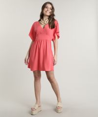 Vestido-Feminino-Curto-com-Faixa-para-Amarrar-Manga-Curta-Coral-9640593-Coral_3