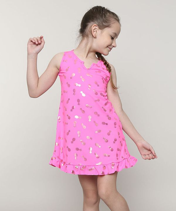 Saída de Praia Infantil Estampada de Abacaxi Metalizado com Babado Rosa Neon 10