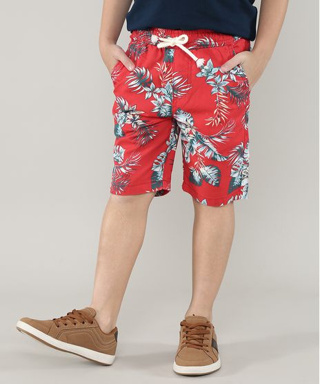 Bermuda-de-Sarja-Infantil-Estampada-de-Folhagem-com-Cordao-Vermelha-9690565-Vermelho_1