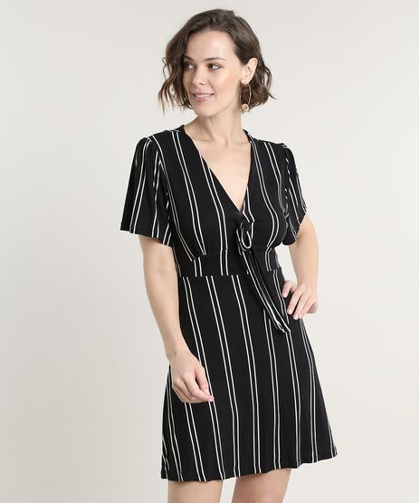 Vestido-Feminino-Curto-Listrado-com-No-Manga-Curta-Preto-9695355-Preto_1