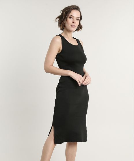 Vestido-Feminino-Midi-em-Trico-com-Fenda-Alcas-Medias-Preto-9620895-Preto_1