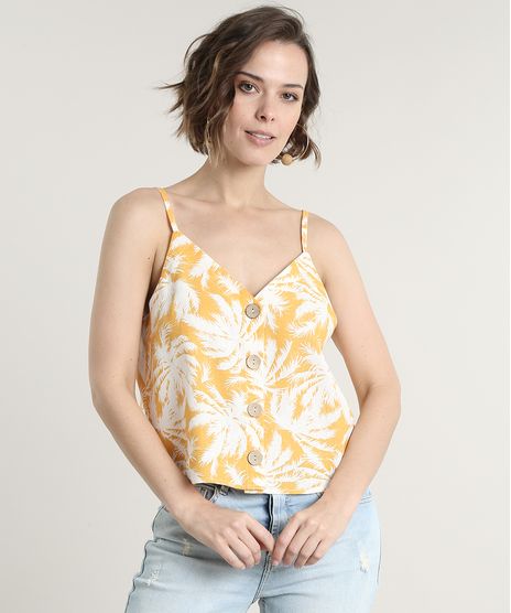 Regata-Feminina-em-Linho-Estampada-Tropical-com-Botoes-Alcas-Finas-Mostarda-9637187-Mostarda_1
