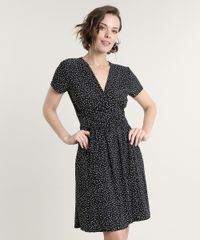 Vestido-Feminino-Curto-Estampado-de-Poa-Transpassado-com-Faixa-para-Amarrar-Manga-Curta-Preto-9693043-Preto_1
