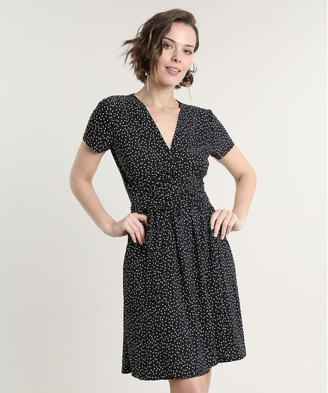 Vestido-Feminino-Curto-Estampado-de-Poa-Transpassado-com-Faixa-para-Amarrar-Manga-Curta-Preto-9693043-Preto_1