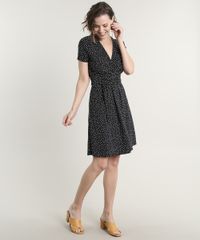 Vestido-Feminino-Curto-Estampado-de-Poa-Transpassado-com-Faixa-para-Amarrar-Manga-Curta-Preto-9693043-Preto_3