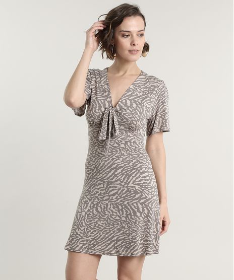Vestido-Feminino-Curto-Estampado-Animal-Print-com-No-Manga-Curta-Bege-9695351-Bege_1