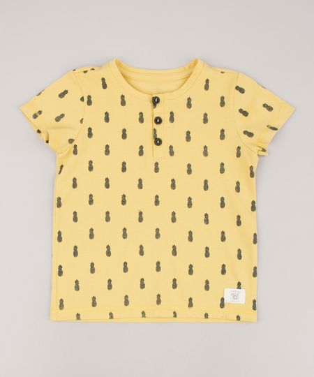 Camiseta-Infantil-Estampada-de-Abacaxis-em-Piquet-Manga-Curta-Gola-Portuguesa-Amarela-9725978-Amarelo_1
