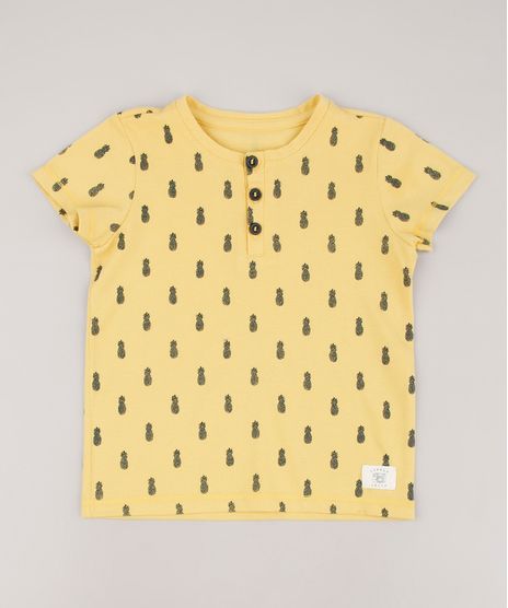 Camiseta-Infantil-Estampada-de-Abacaxis-em-Piquet-Manga-Curta-Gola-Portuguesa-Amarela-9725978-Amarelo_1