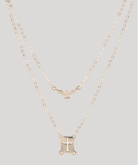 Colar-Feminino-Folheado-Duplo-com-Pingente-de-Cruz-e-Espirito-Santo-Dourado-9657452-Dourado_1