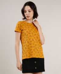 Blusa-Feminina-Estampada-de-Gatos-Manga-Curta-Decote-Redondo-Mostarda-9236431-Mostarda_1