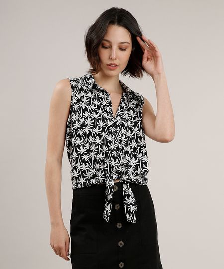 Camisa-Feminina-Estampada-de-Coqueiros-com-Bolso-e-No-Sem-Manga-Preta-9626993-Preto_1