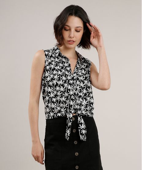 Camisa-Feminina-Estampada-de-Coqueiros-com-Bolso-e-No-Sem-Manga-Preta-9626993-Preto_1