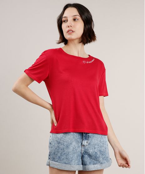 Blusa-Feminina-Ampla-com-Bordado--Dreamer--Manga-Curta-Decote-Redondo-Vermelha-9704508-Vermelho_1