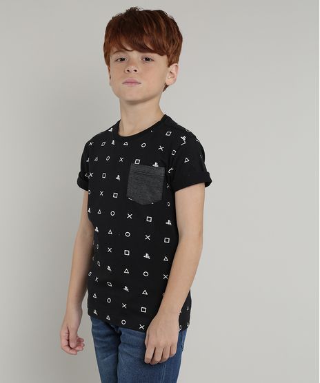Camiseta-Infantil-PlayStation-com-Bolso-Manga-Curta-Preto-9660948-Preto_1