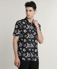 Camisa-Masculina-Tradicional-Estampada-Floral-com-Bolso-Manga-Curta-Preta-9514513-Preto_1
