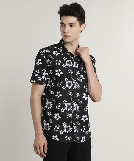Camisa-Masculina-Tradicional-Estampada-Floral-com-Bolso-Manga-Curta-Preta-9514513-Preto_1
