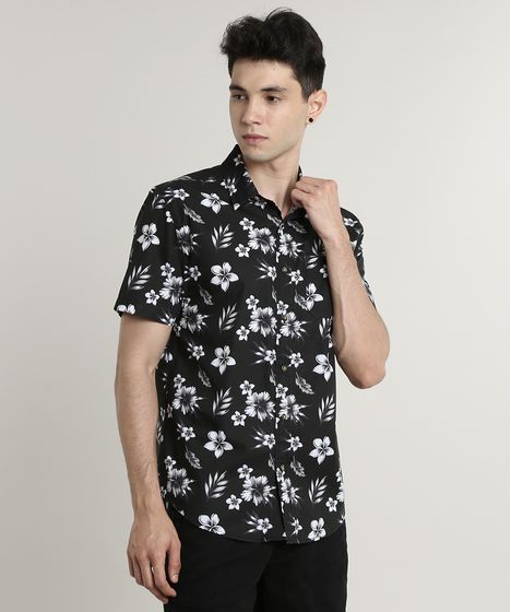 Camisa Masculina Tradicional Estampada Floral Com Bolso Manga