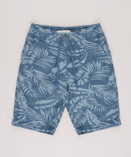 Bermuda-de-Sarja-Infantil-Estampada-de-Folhagem-com-Cordao--Azul-9690564-Azul_1
