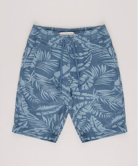 Bermuda-de-Sarja-Infantil-Estampada-de-Folhagem-com-Cordao--Azul-9690564-Azul_1