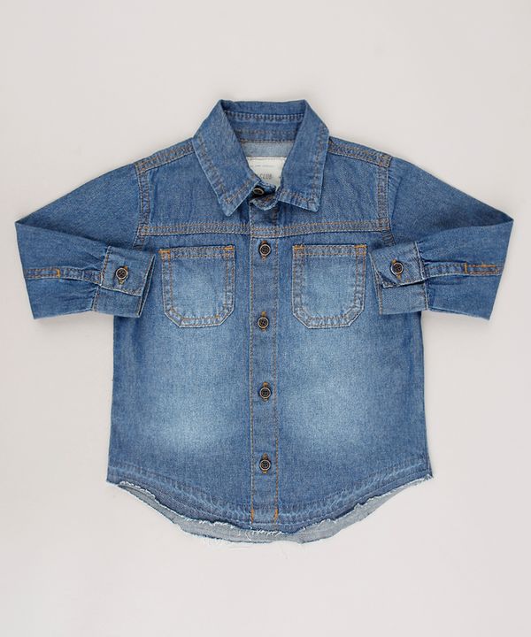 Camisa Jeans Infantil com Bolsos Barra Desfiada Manga Longa Azul Escuro 2
