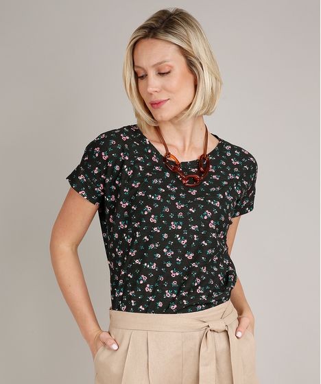 camisa social manga curta feminina estampada