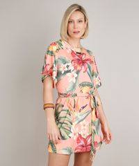Vestido-Feminino-Curto-Estampado-de-Caju-com-Faixa-para-Amarrar-Manga-Curta-Coral-9706145-Coral_1