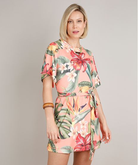 Vestido-Feminino-Curto-Estampado-de-Caju-com-Faixa-para-Amarrar-Manga-Curta-Coral-9706145-Coral_1